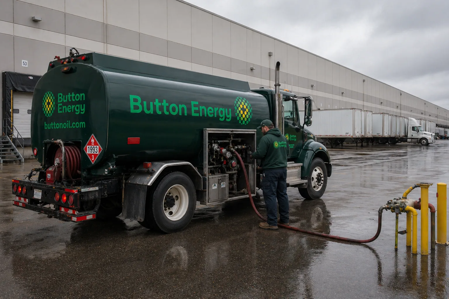 Button Energy fuel technician filling an on-site storage tank at a commercial facility