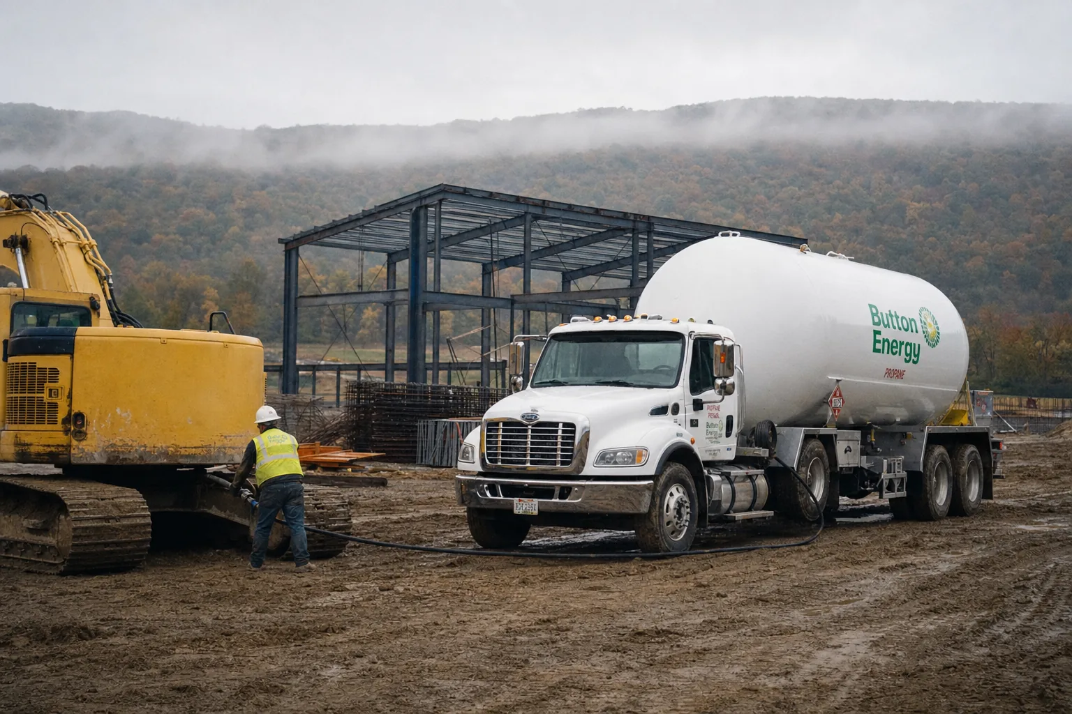 Button Energy propane truck refueling a tracked excavator on a Pennsylvania construction site