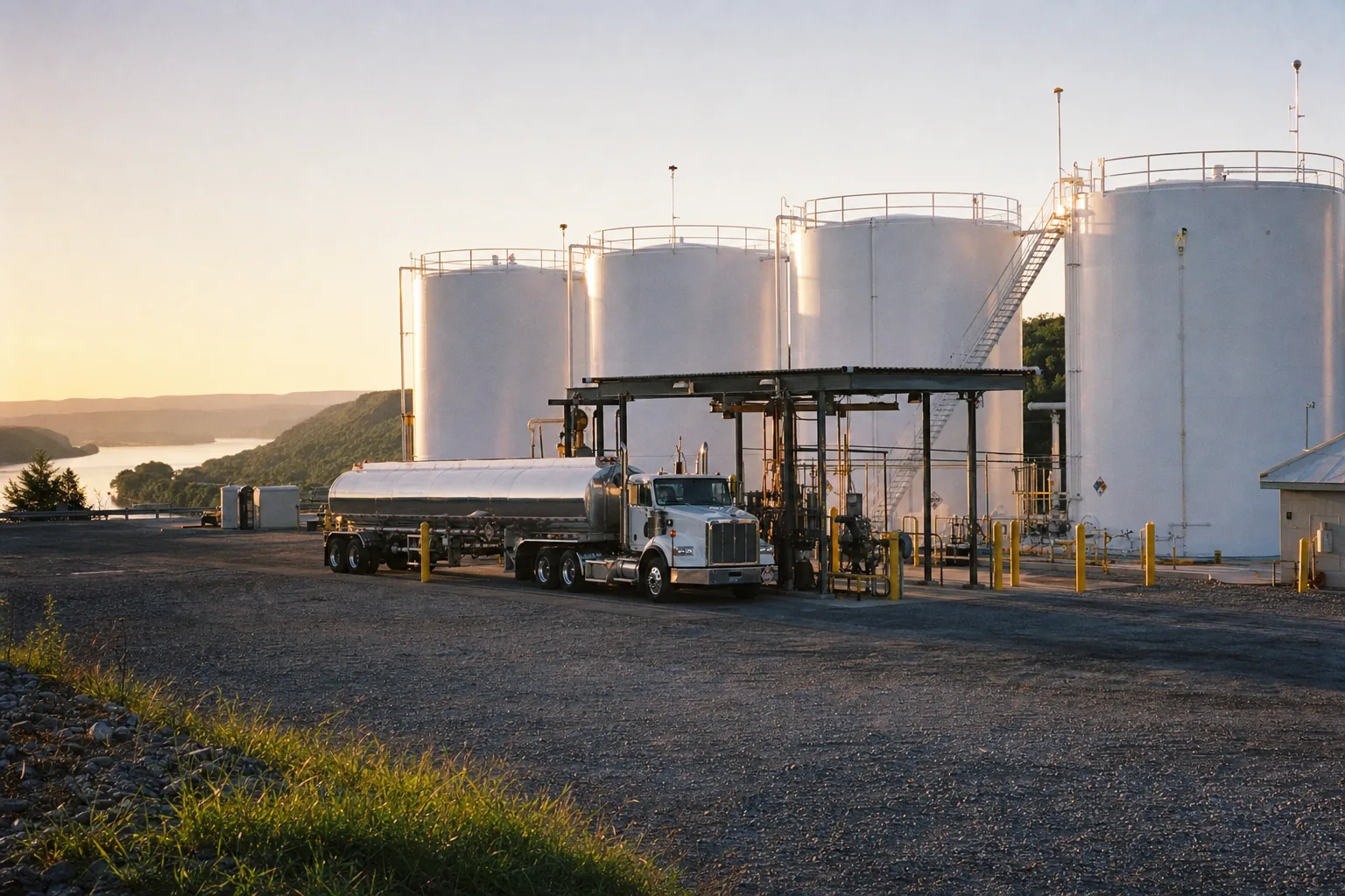 Bulk fuel storage tanks and a transport loading rack at golden hour